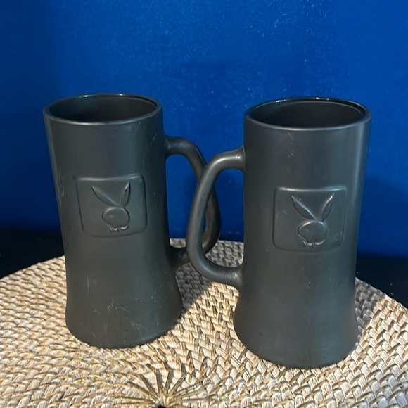 Vintage 1970’s Matte Black Playboy Beer Mugs 6.5” Tall 3” Top Diameter - Picture 2 of 6